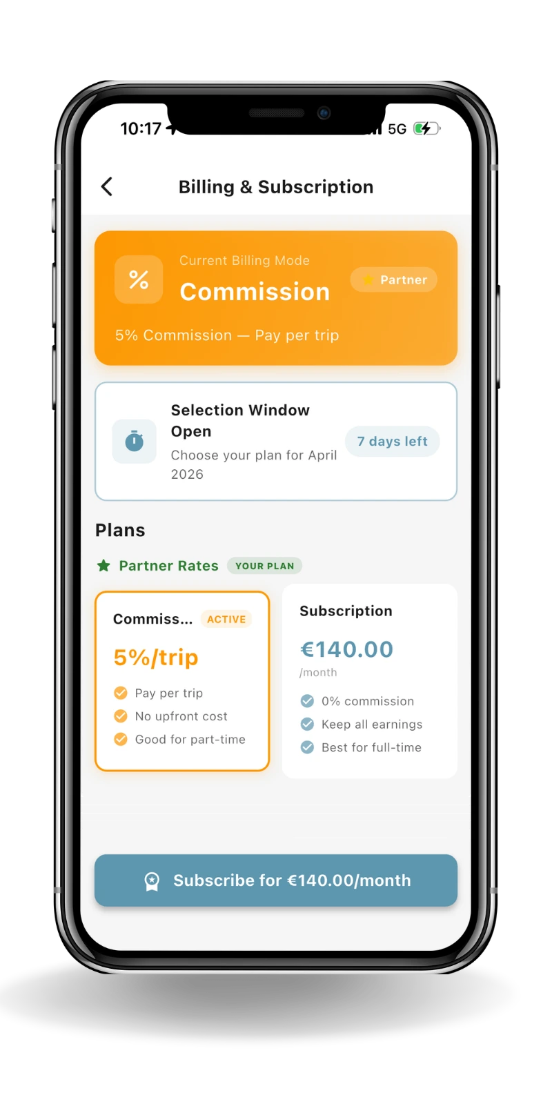 CaminoCabs driver app billing and subscription screen showing commission and subscription options