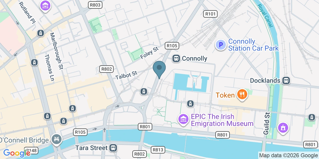 Map of Connolly Station taxi rank in Dublin, located at the main entrance of Connolly railway and Luas station for trains to Belfast and the north