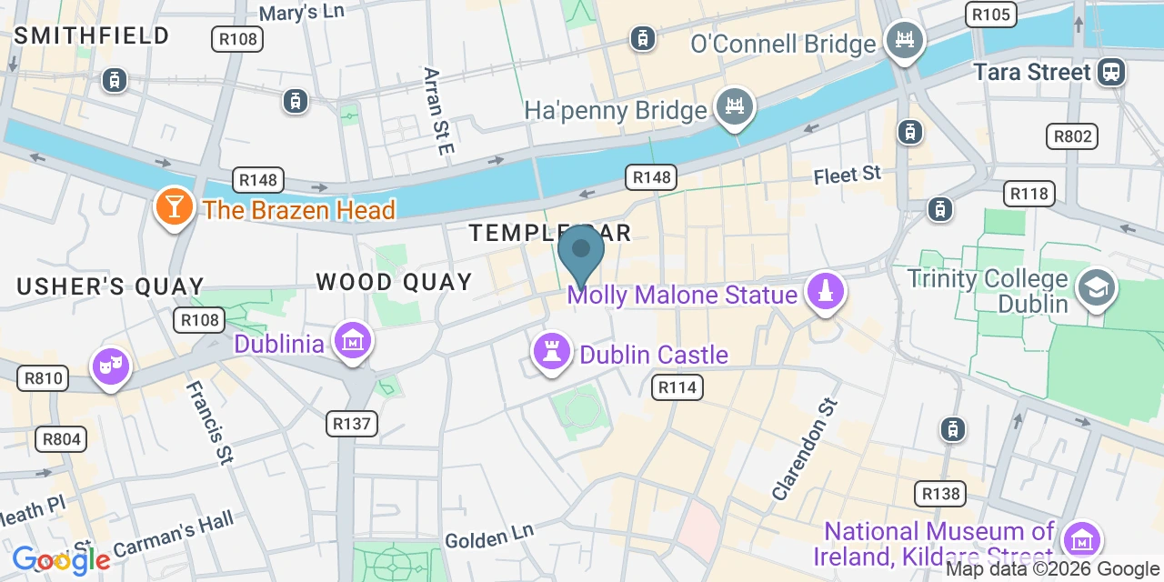 Map of Dame Street taxi rank in Dublin city centre, located opposite the Olympia Theatre near Temple Bar and Parliament Street
