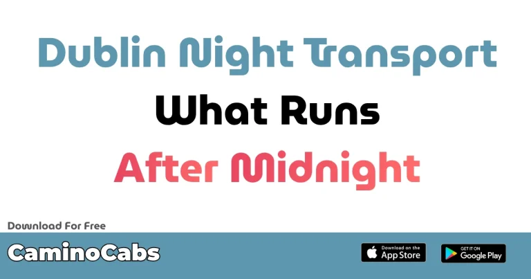 Dublin city centre at night with taxis waiting at a taxi rank — late night transport options in Dublin