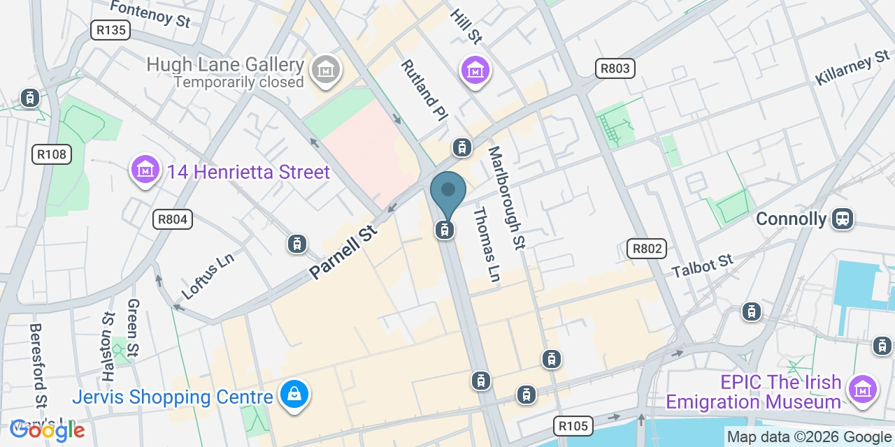 Map of O'Connell Street taxi rank in Dublin city centre, located on O'Connell Street Upper near Riu Plaza The Gresham hotel